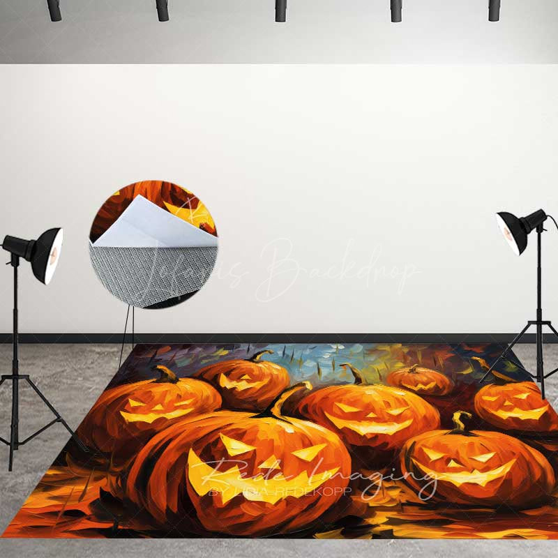 Lofaris Haunted Castle on Halloween Night Combo Set Backdrop Spooky Pumpkins Floor Cartoon Horror Photo Shoots