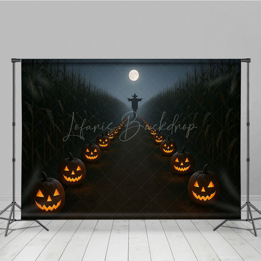 Lofaris Haunted Cornfield Photography Backdrop Spooky Scarecrow and Jack-o-lanterns Halloween Night Photo Background