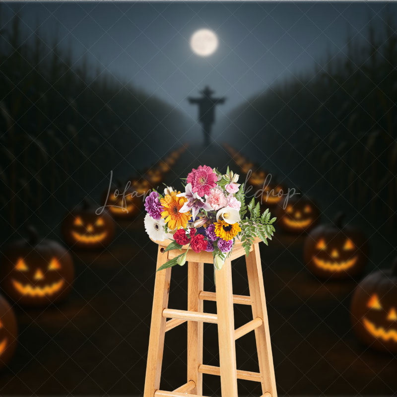 Lofaris Haunted Cornfield Photography Backdrop Spooky Scarecrow and Jack-o-lanterns Halloween Night Photo Background