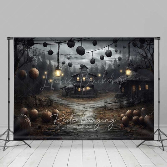 Lofaris Haunted Farmhouse in a Spooky Forest Photography Backdrop Creepy Old House with Lanterns Halloween Night Scenery
