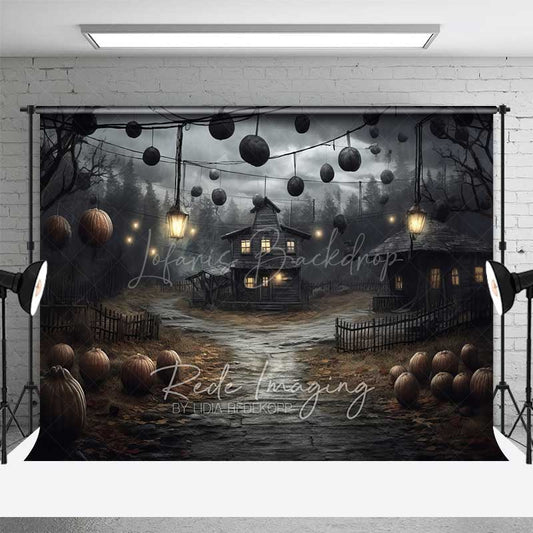 Lofaris Haunted Farmhouse in a Spooky Forest Photography Backdrop Creepy Old House with Lanterns Halloween Night Scenery