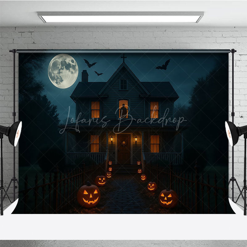 Lofaris Haunted House at Night Photography Backdrop Spooky Full Moon with Jack-o-lanterns Halloween Party Decor