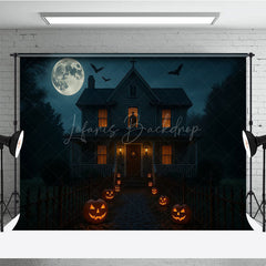 Lofaris Haunted House at Night Photography Backdrop Spooky Full Moon with Jack-o-lanterns Halloween Party Decor