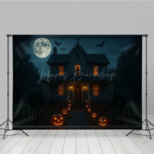 Lofaris Haunted House at Night Photography Backdrop Spooky Full Moon with Jack-o-lanterns Halloween Party Decor
