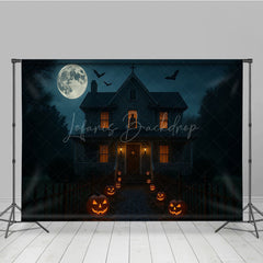 Lofaris Haunted House at Night Photography Backdrop Spooky Full Moon with Jack-o-lanterns Halloween Party Decor