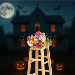 Lofaris Haunted House at Night Photography Backdrop Spooky Full Moon with Jack-o-lanterns Halloween Party Decor