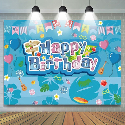 Lofaris Hawaiian Luau Happy Birthday Backdrop Blue Tropical with Surfboard and Ukulele Summer Beach Party Decor