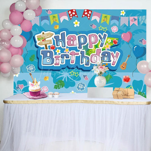 Lofaris Hawaiian Luau Happy Birthday Backdrop Blue Tropical with Surfboard and Ukulele Summer Beach Party Decor