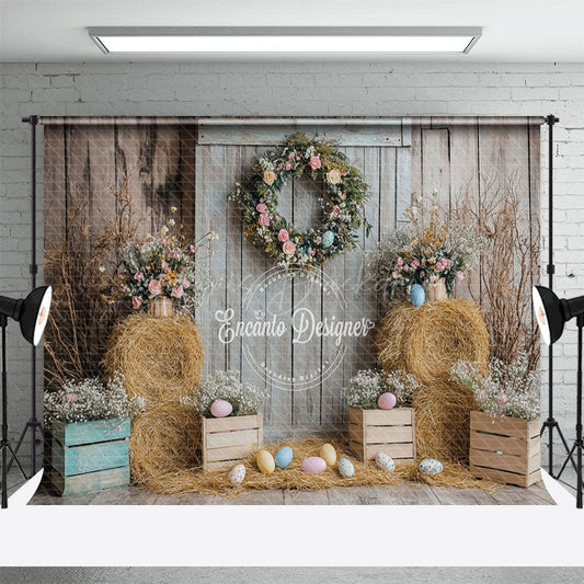 Lofaris Haystack Wooden Wall Colorful Eggs Easter Backdrop