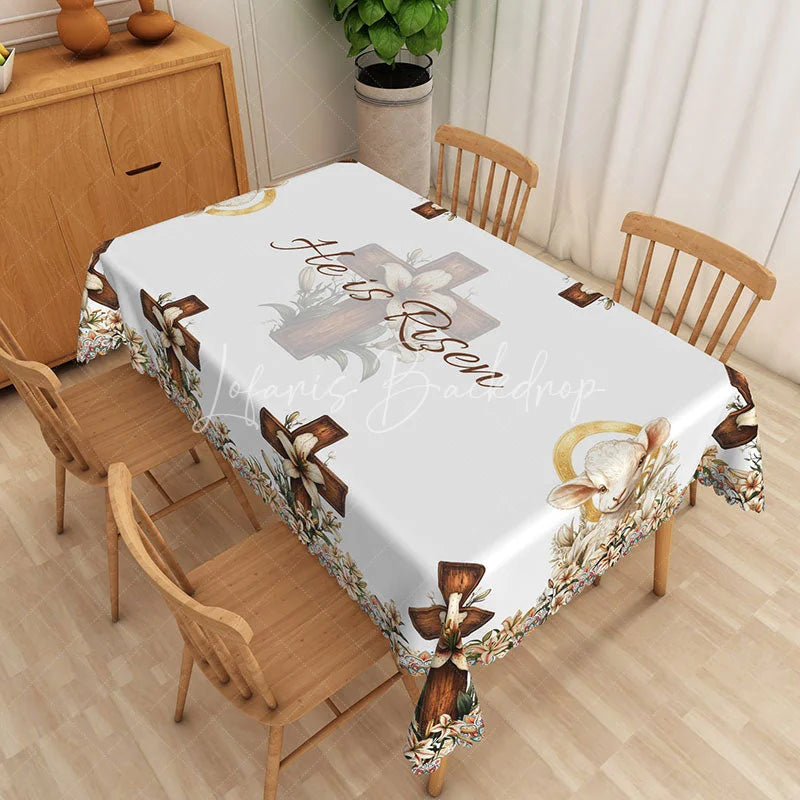Lofaris He Is Risen Lamb of God Rectangle Tablecloth Religious Easter Sheep Cross Table Cover Christian Holiday Decor