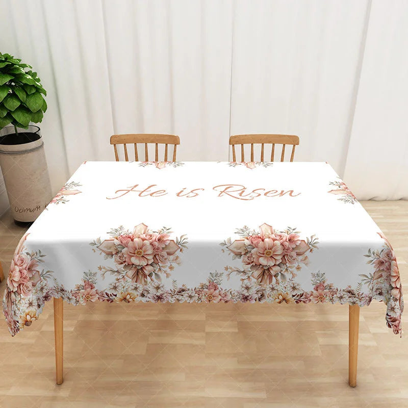 Lofaris He Is Risen Pink Lily Rectangle Tablecloth Religious Cross Floral Table Cover Easter Church Dining Decor