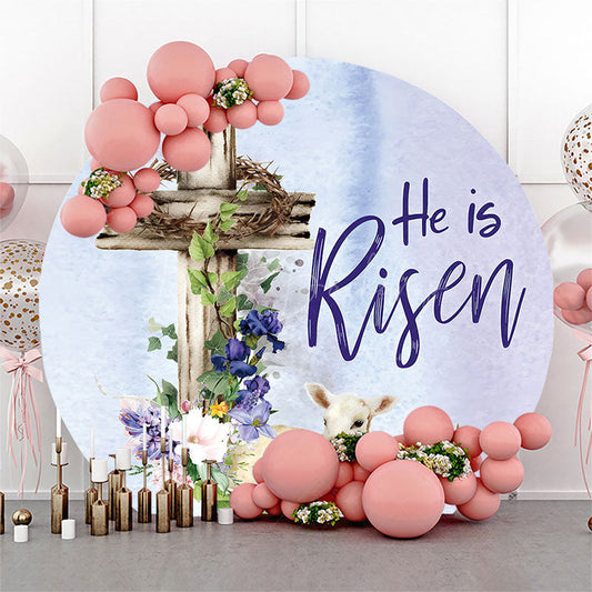 Lofaris He Is Risen Sheep Cross Floral Round Easter Backdrop