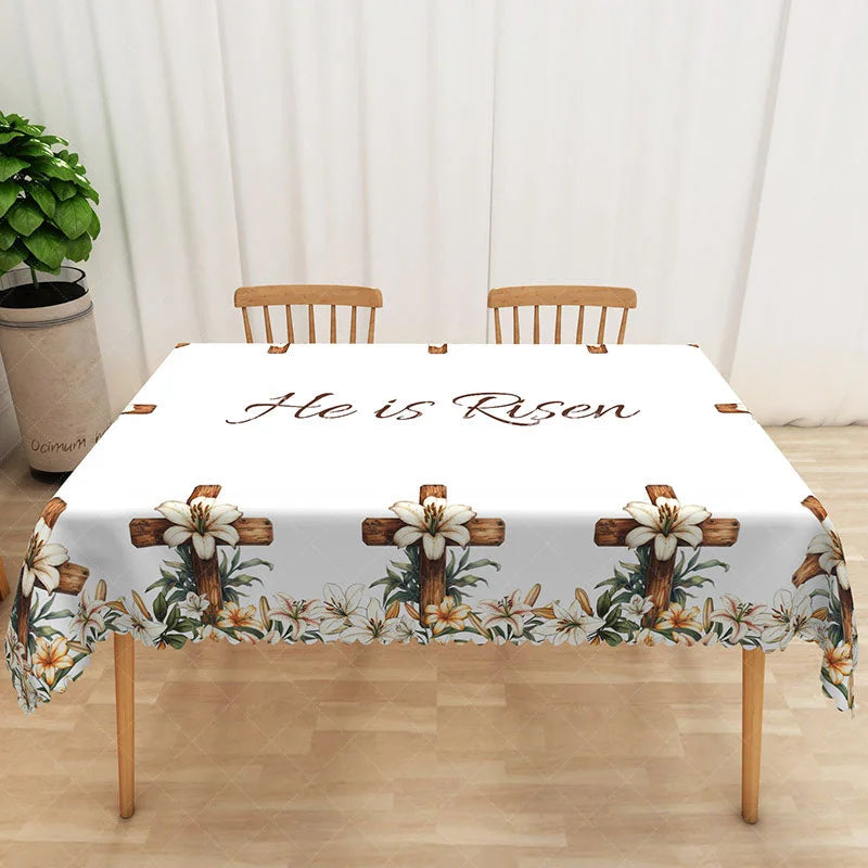 Lofaris He Is Risen Wooden Cross Rectangle Tablecloth White Lily Religious Table Cover Christian Easter Home Decor