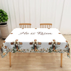 Lofaris He Is Risen Wooden Cross Rectangle Tablecloth White Lily Religious Table Cover Christian Easter Home Decor