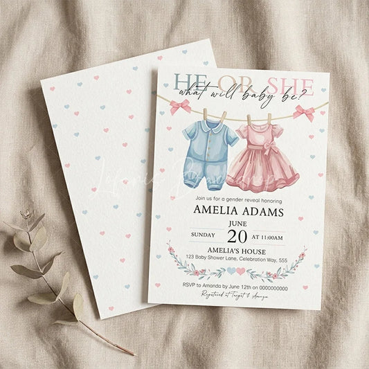 Lofaris He or She Baby Clothes Gender Reveal Invitation Personalized Pink and Blue Hearts Shower Party Decor