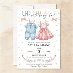 Lofaris He or She Baby Clothes Gender Reveal Invitation Personalized Pink and Blue Hearts Shower Party Decor