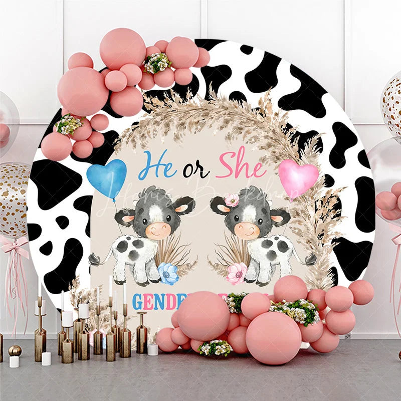 Lofaris He or She Cow Theme Gender Reveal Round Backdrop Print and Pampas Grass Baby Shower Party Background