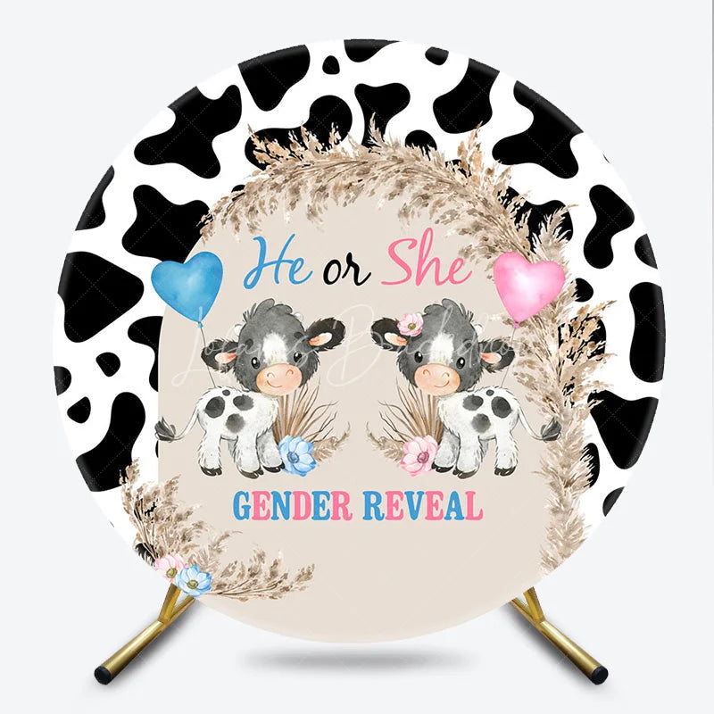 Lofaris He or She Cow Theme Gender Reveal Round Backdrop Print and Pampas Grass Baby Shower Party Background
