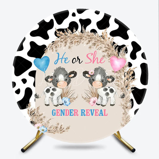 Lofaris He or She Cow Theme Gender Reveal Round Backdrop Print and Pampas Grass Baby Shower Party Background
