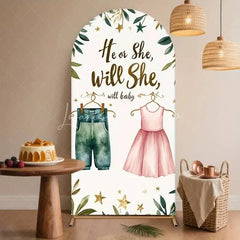 Lofaris He or She Gender Reveal Arch Backdrop Baby Clothes and Floral Stroller Pink Blue Party Decorations