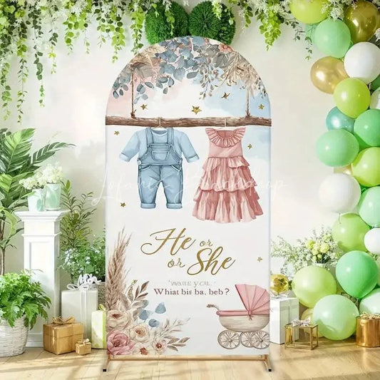 Lofaris He or She Gender Reveal Arch Backdrop Baby Clothes and Floral Stroller Pink Blue Party Decorations