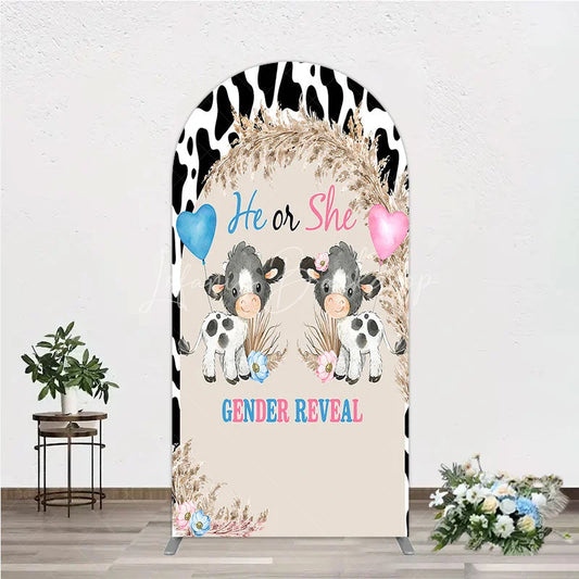 Lofaris He or She Gender Reveal Cow Arch Backdrop Western Farm Animal and Pampas Grass Party Cover