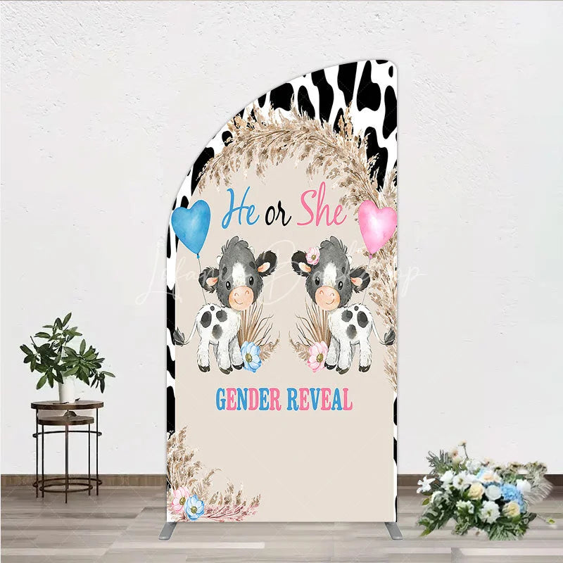 Lofaris He or She Gender Reveal Cow Half Moon Arch Backdrop Western Farm Animal and Pampas Grass Party Cover