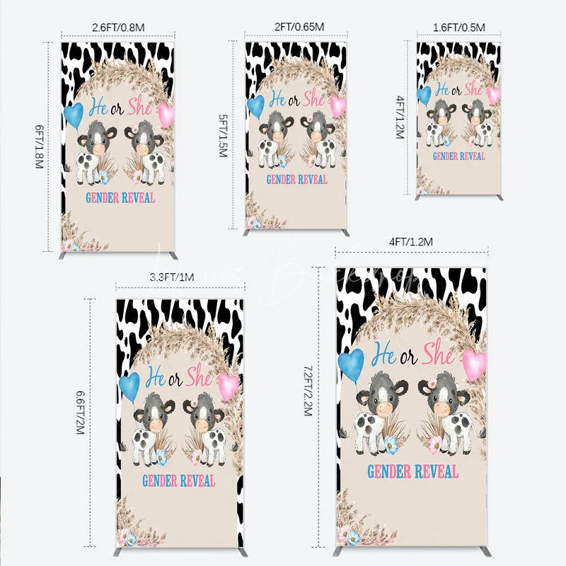 Lofaris He or She Gender Reveal Cow Rectangle Backdrop Western Farm Animal and Pampas Grass Party Cover