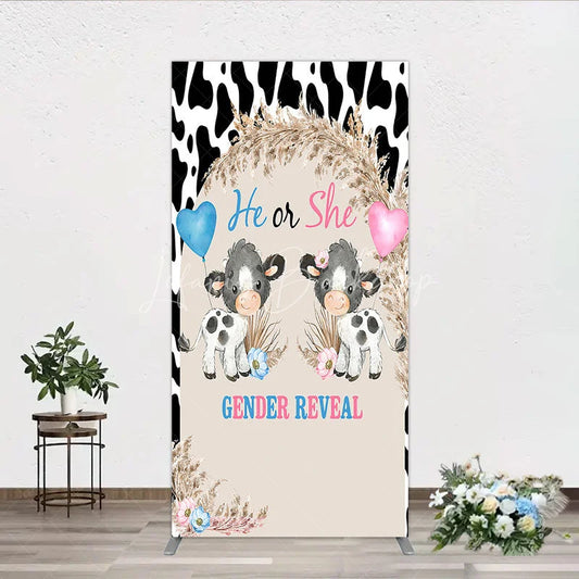 Lofaris He or She Gender Reveal Cow Rectangle Backdrop Western Farm Animal and Pampas Grass Party Cover