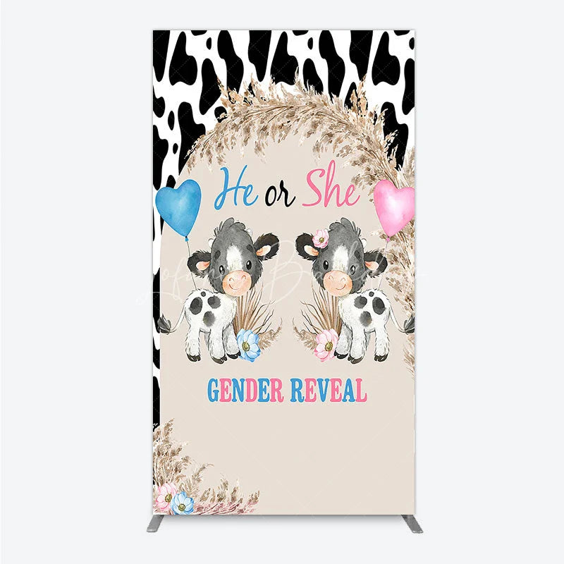 Lofaris He or She Gender Reveal Cow Rectangle Backdrop Western Farm Animal and Pampas Grass Party Cover
