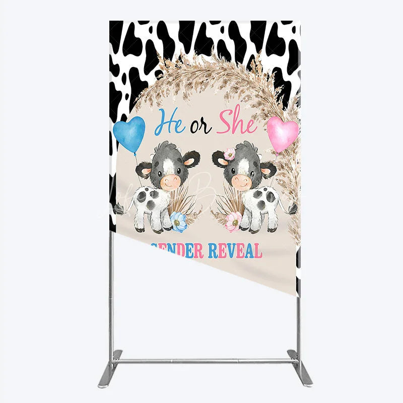 Lofaris He or She Gender Reveal Cow Rectangle Backdrop Western Farm Animal and Pampas Grass Party Cover