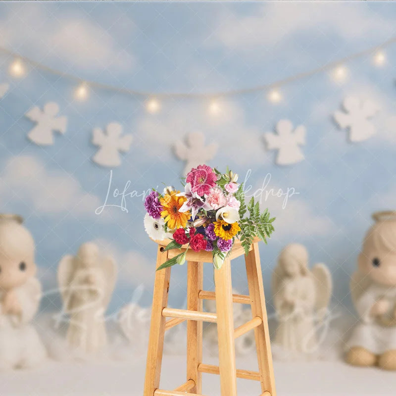 Lofaris Heavenly Little Angel and Blue Sky Photo Backdrop Cherub Blessing Birthday Photography Background