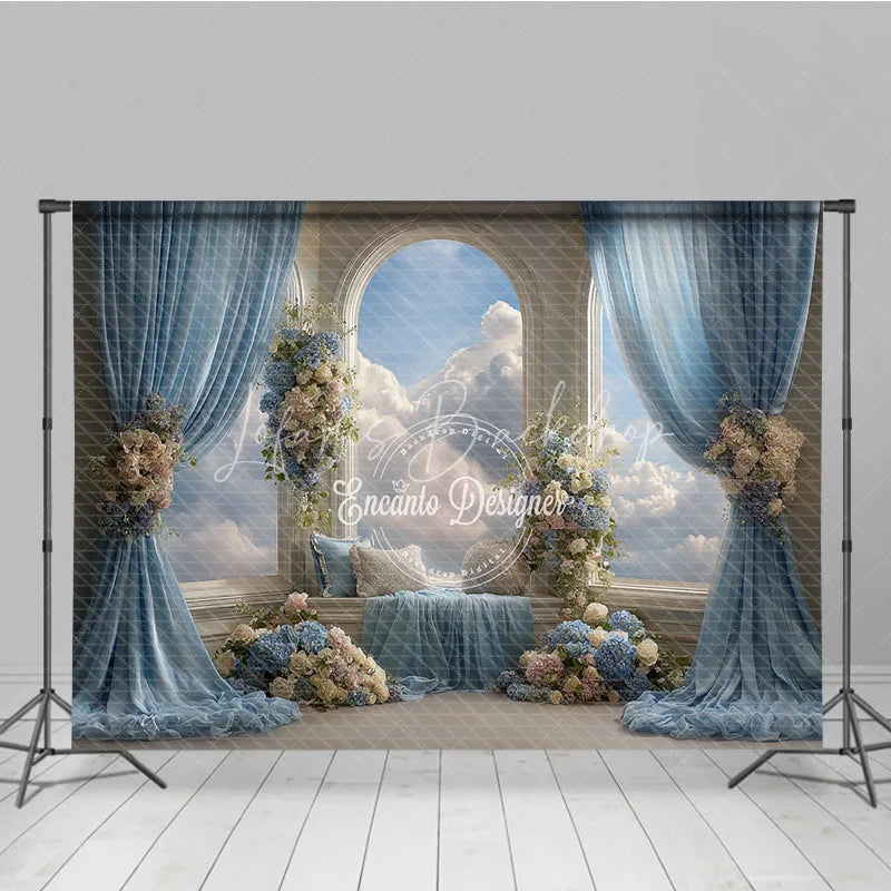 Lofaris Heavenly Window Seat Backdrop Blue Drapes with Sky View Elegant Wedding Floral Photography Background
