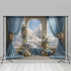 Lofaris Heavenly Window Seat Backdrop Blue Drapes with Sky View Elegant Wedding Floral Photography Background
