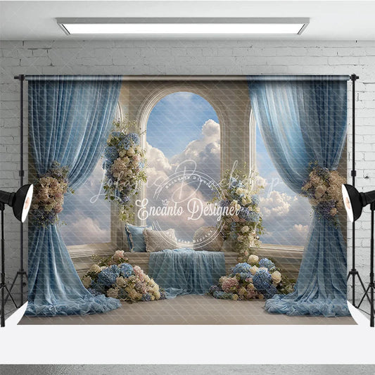Lofaris Heavenly Window Seat Backdrop Blue Drapes with Sky View Elegant Wedding Floral Photography Background