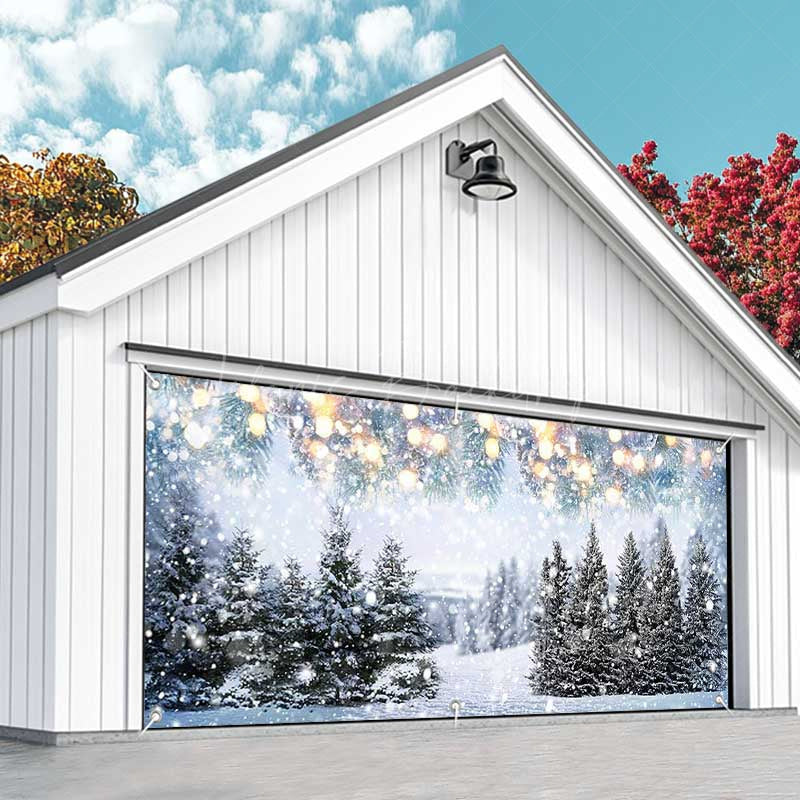 Lofaris Heavy Snowy Bokeh Light Trees Garage Door Banner