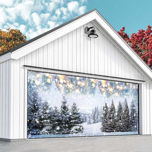 Lofaris Heavy Snowy Bokeh Light Trees Garage Door Banner