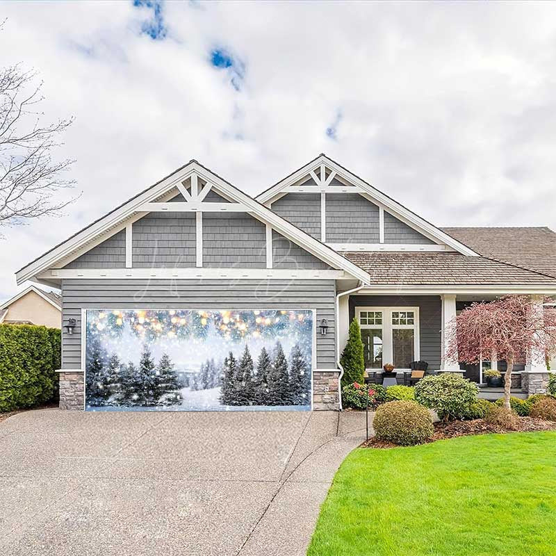 Lofaris Heavy Snowy Bokeh Light Trees Garage Door Banner