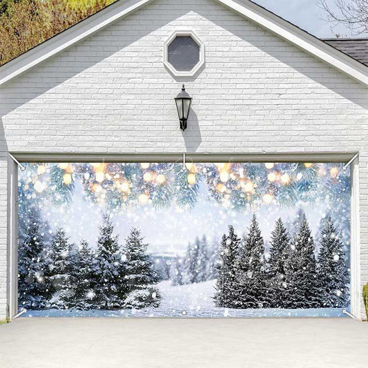 Lofaris Heavy Snowy Bokeh Light Trees Garage Door Banner