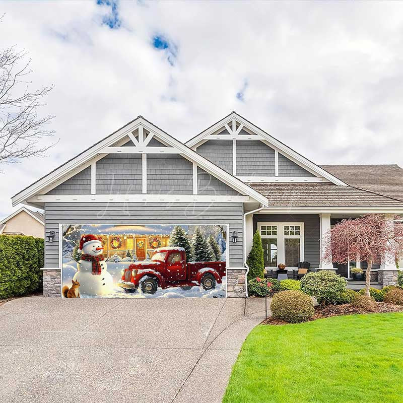 Lofaris Heavy Snowy Snowman Red Truck Garage Door Banner