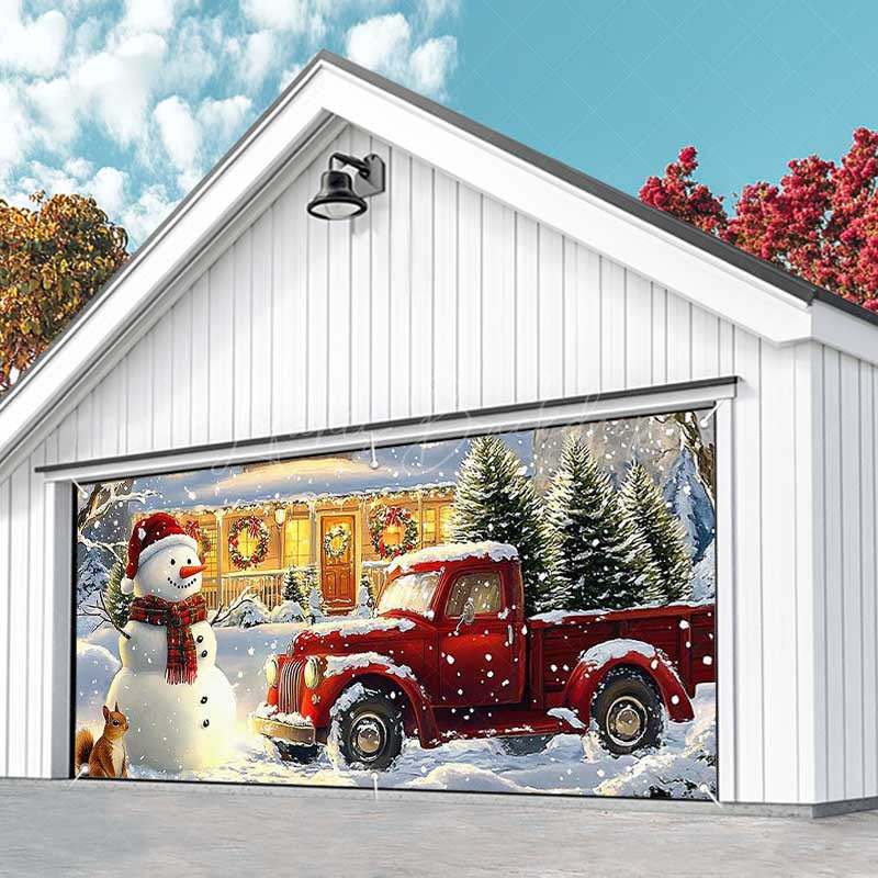 Lofaris Heavy Snowy Snowman Red Truck Garage Door Banner
