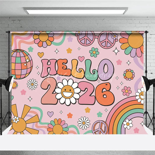 Lofaris Hello 2026 Groovy New Year Backdrop Retro 70s Hippie Theme with Disco Ball Peace Signs and Rainbow Party Decor