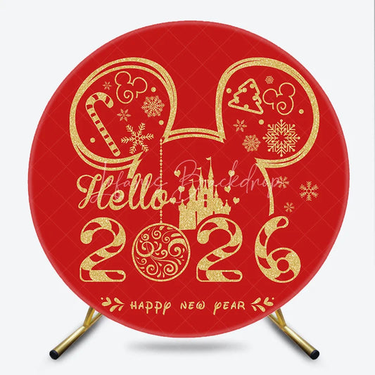 Lofaris Hello 2026 New Year Round Backdrop with Mouse Ears and Castle Red Gold Glitter Magical Kingdom Party Decor