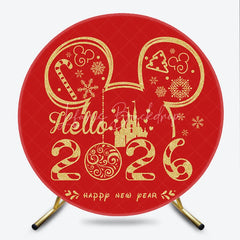 Lofaris Hello 2026 New Year Round Backdrop with Mouse Ears and Castle Red Gold Glitter Magical Kingdom Party Decor