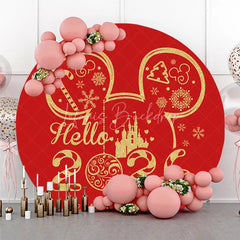 Lofaris Hello 2026 New Year Round Backdrop with Mouse Ears and Castle Red Gold Glitter Magical Kingdom Party Decor