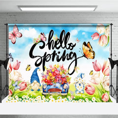 Lofaris Hello Spring Backdrop Colorful Tulips and Garden Gnomes Flower Car Background Springtime Nature Butterfly Party Decor