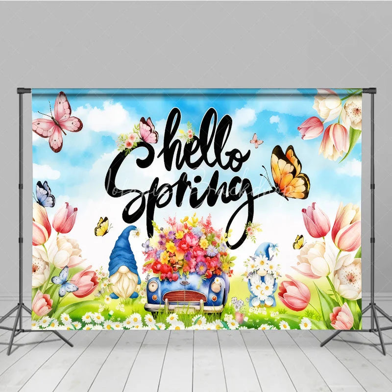 Lofaris Hello Spring Backdrop Colorful Tulips and Garden Gnomes Flower Car Background Springtime Nature Butterfly Party Decor