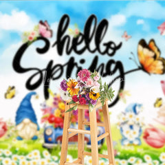 Lofaris Hello Spring Backdrop Colorful Tulips and Garden Gnomes Flower Car Background Springtime Nature Butterfly Party Decor