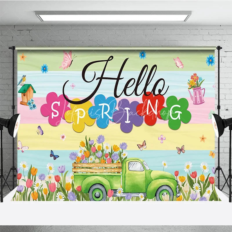 Lofaris Hello Spring Backdrop Green Truck with Colorful Tulips and Butterfly Background Seasonal Garden Nature Party Decor