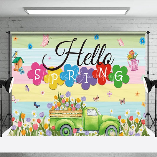Lofaris Hello Spring Backdrop Green Truck with Colorful Tulips and Butterfly Background Seasonal Garden Nature Party Decor